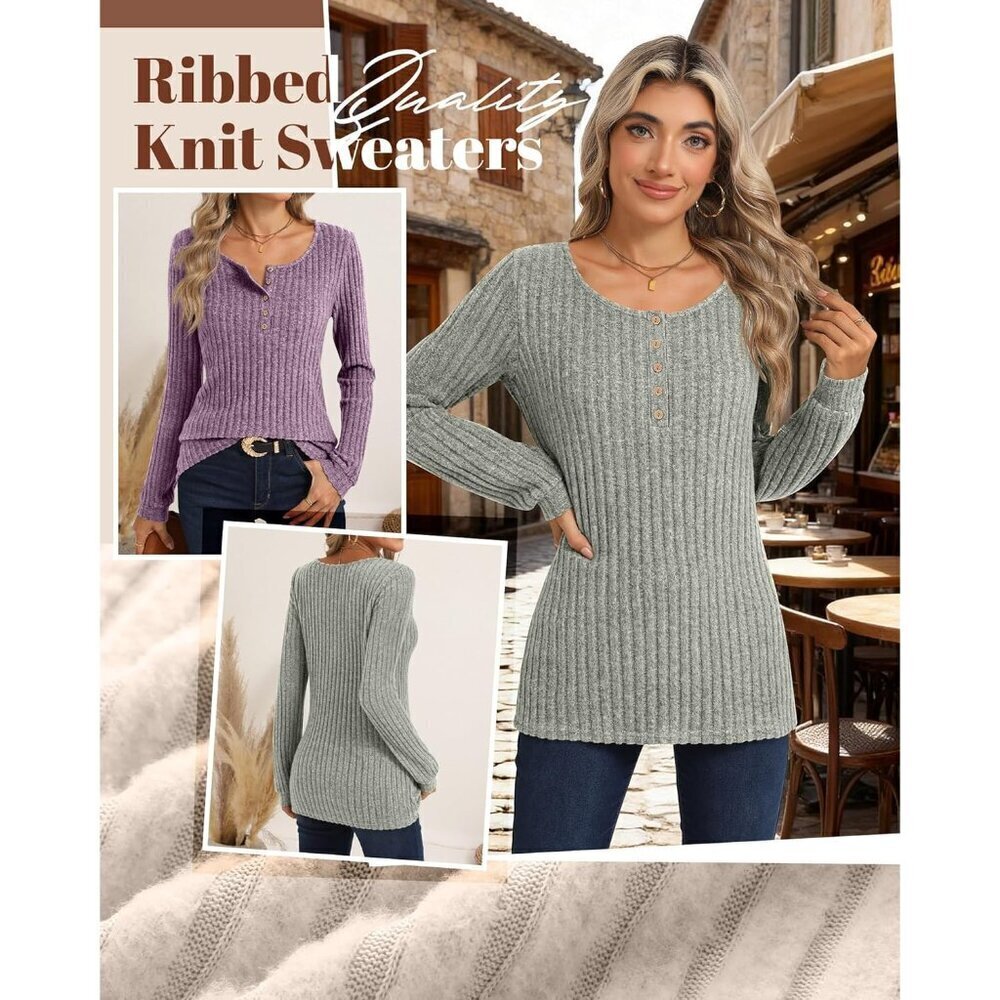 Women's Lightweight Ribbed Knit Sweater Long Sleeve Tunic Casual Top - Picture 6 of 6